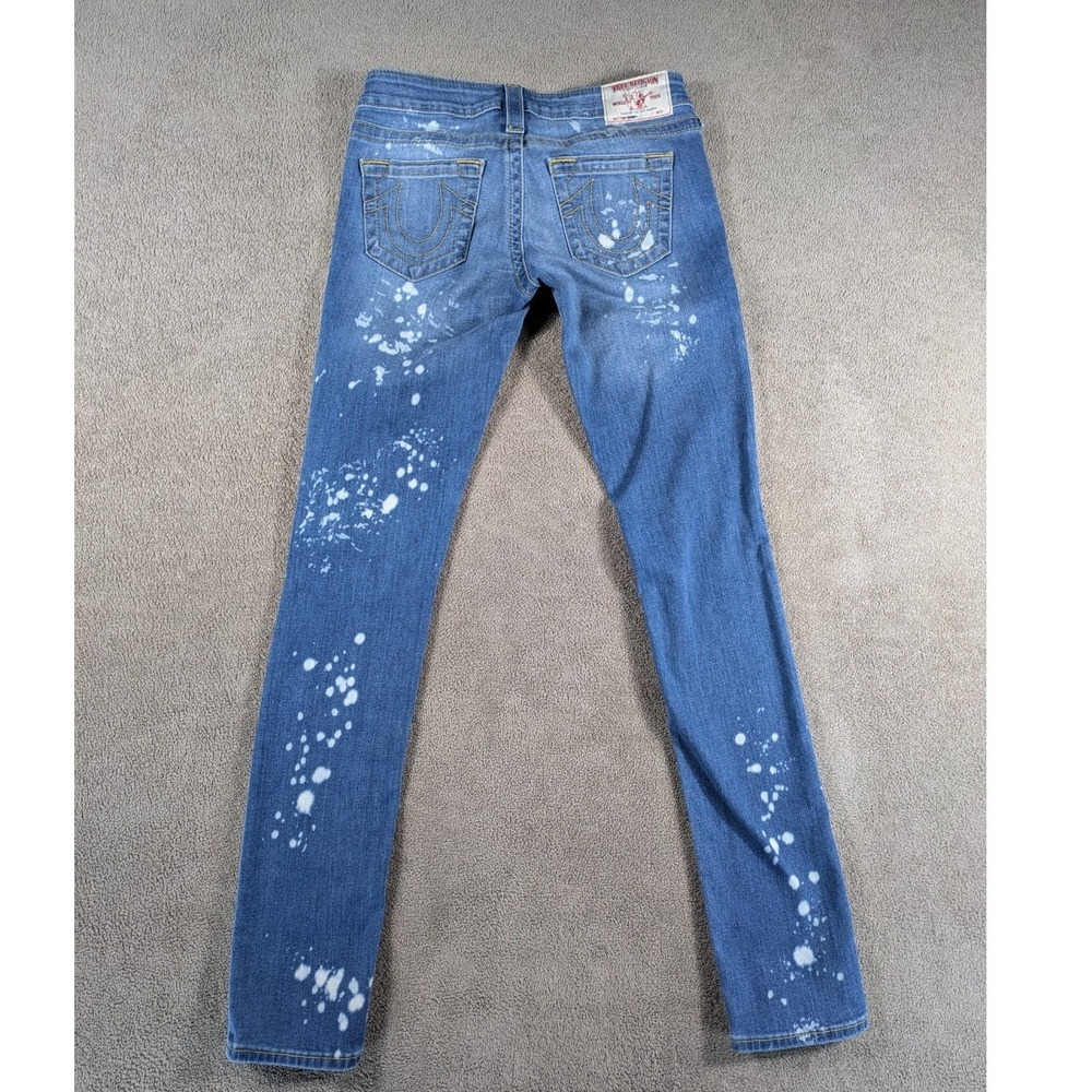 True Religion Skinny Jeans Womens 27 Blue Denim Stretch Bleach Splatter Low Rise